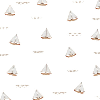 White background with neutral sailboats and beige waves