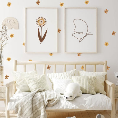 Picture of a bedroom with watercolour brown and mustard flower wall decals