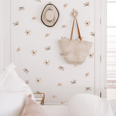 Picture of a  bedroom with brown and taupe blooming flower wall decals