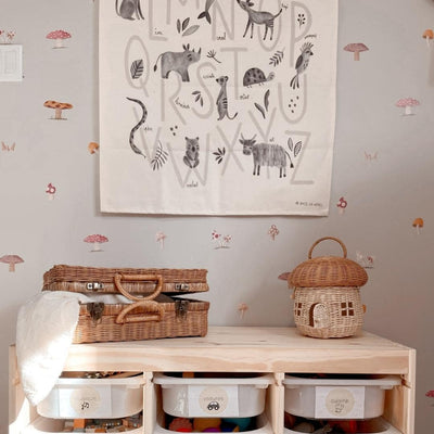 Picture of a playroom with watercolour mushrooms wall decals 