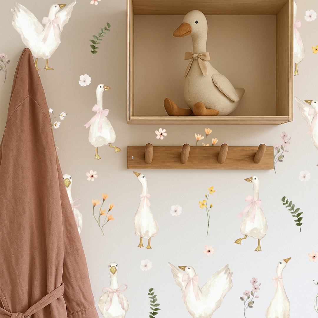 Autocollants muraux oies à l’aquarelle avec nœuds et fleurs sauvages