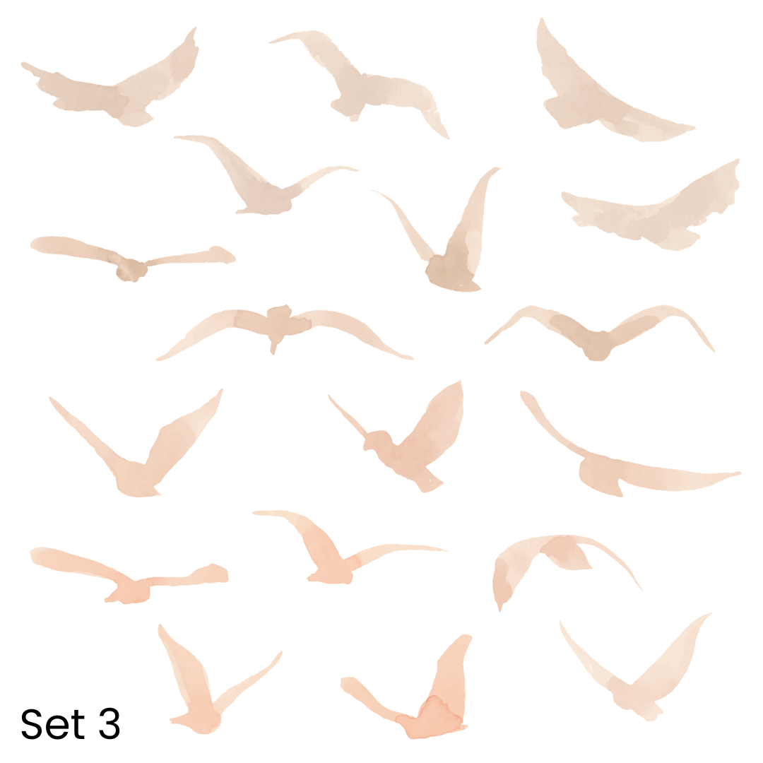 An assortment of neutral silhouette bird wall decals in various sizes, that add a whimsical touch to any space.