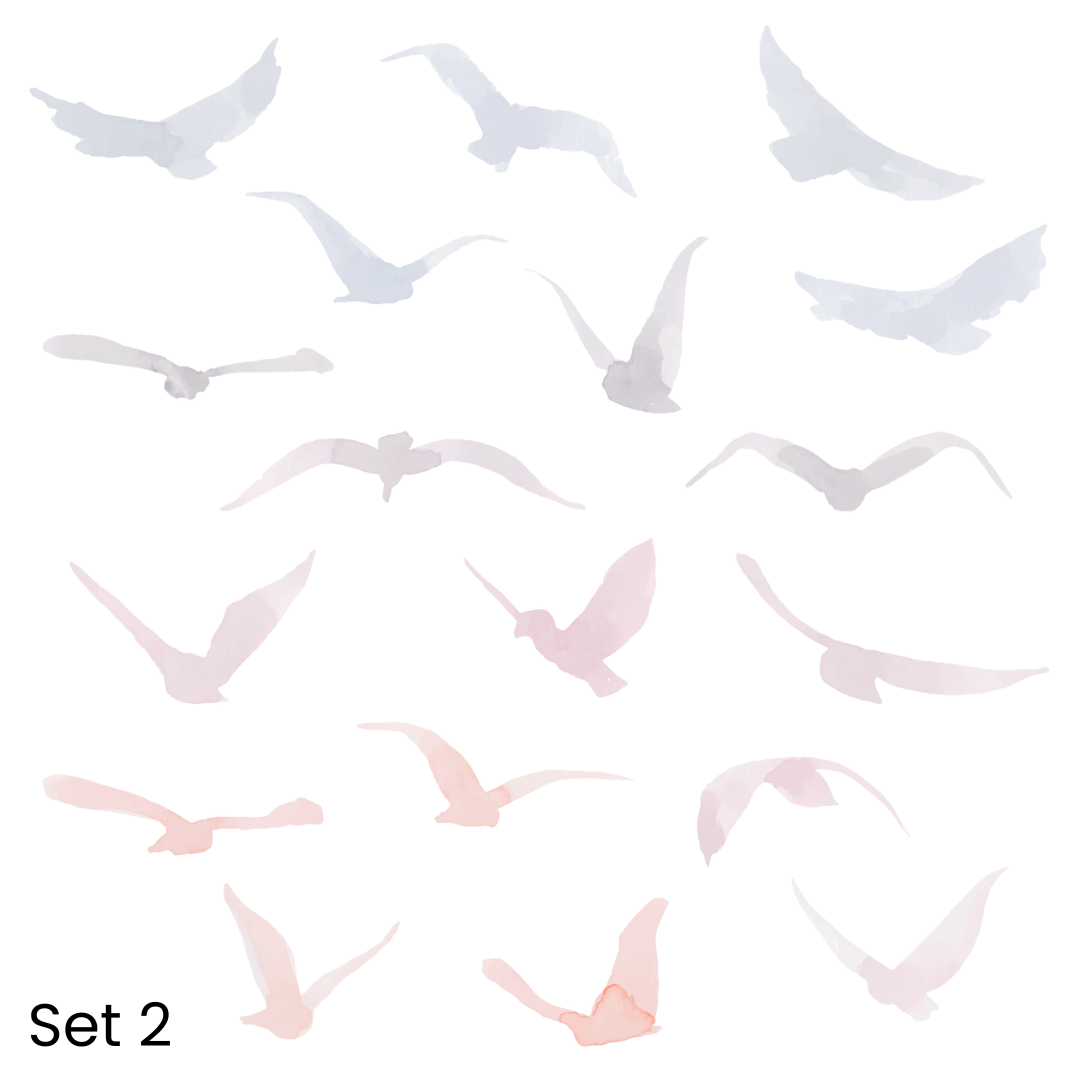 An assortment of muted colourful silhouette bird wall decals in various sizes, that add a whimsical touch to any space.