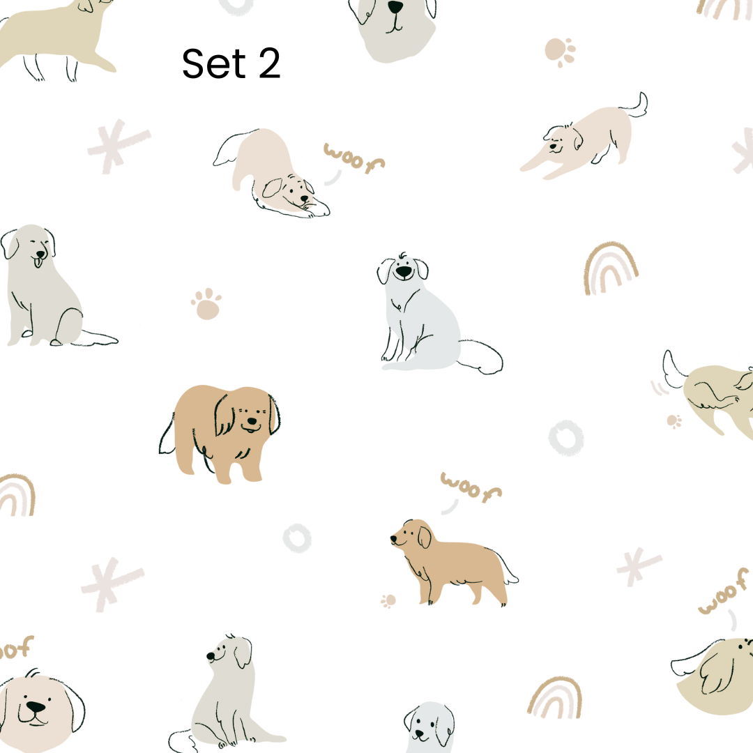 Fabric wall decals featuring adorable dog and paw prints in soft griege tones, made from non-toxic materials, ideal for creating a cozy and pet-friendly atmosphere in any room.