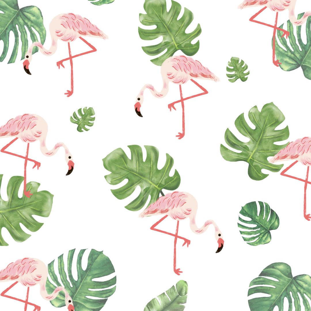 Bright pink flamingo wall decals surrounded by lush green leaves, designed for a playful and vibrant decor. The removable fabric decals are non-toxic, making them safe for any room.