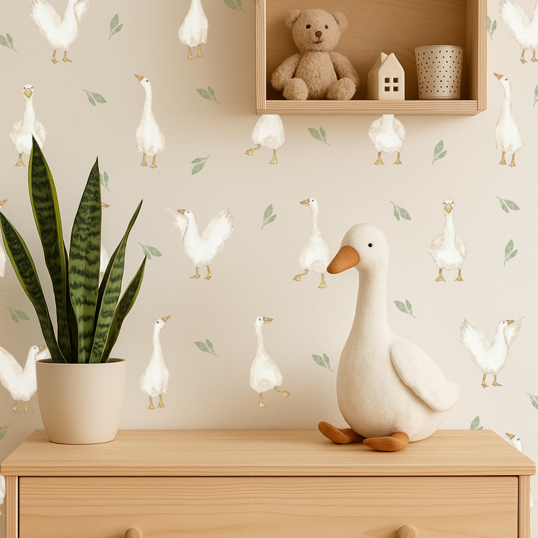 Decorative room with goose figurine, plant, and wall with geese and leaves wall decals