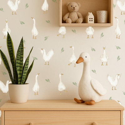 Decorative room with goose figurine, plant, and wall with geese and leaves wall decals
