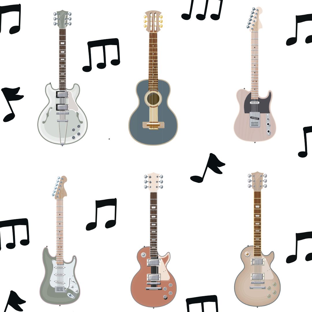 Vibrant fabric wall decals showcasing guitars and flowing music notes. These non-toxic decals are removable, perfect for adding a musical theme to any space, especially suited for music lovers.