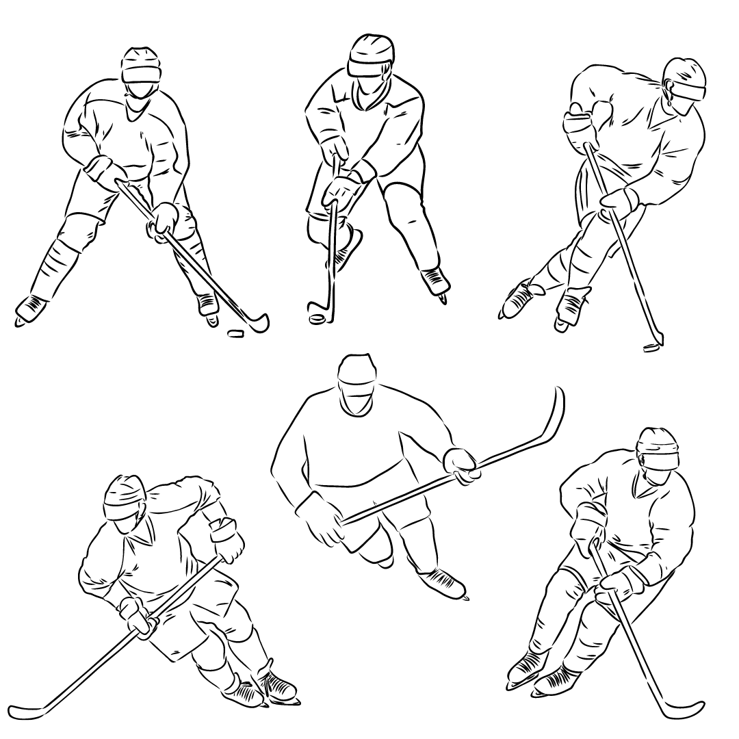 Dynamic fabric wall decals depicting hockey players in action. These non-toxic decals are removable, making them ideal for decorating a child's room or game area with a sporty theme.