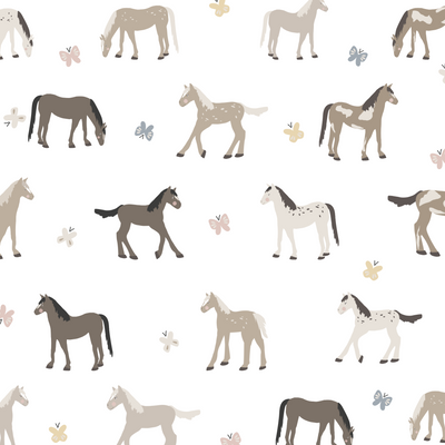 Charming fabric wall decals featuring horses alongside colourful butterflies. These non-toxic decals are removable, ideal for creating a whimsical and serene atmosphere in a child's room or any equestrian-themed space.