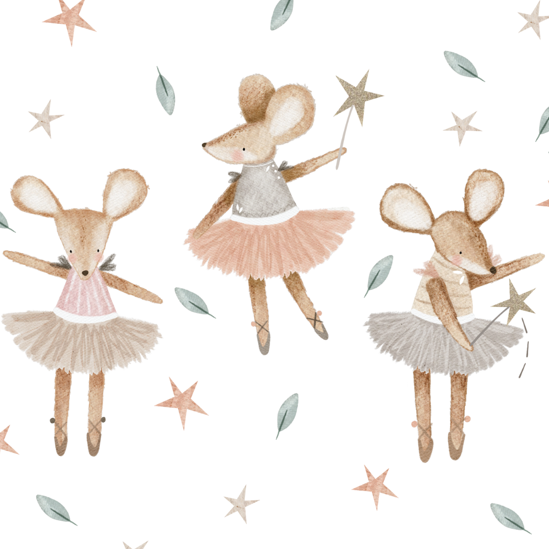 Adorable mouse fairy fabric wall decals with stars and leaves, creating a whimsical and enchanting atmosphere for children's decor.