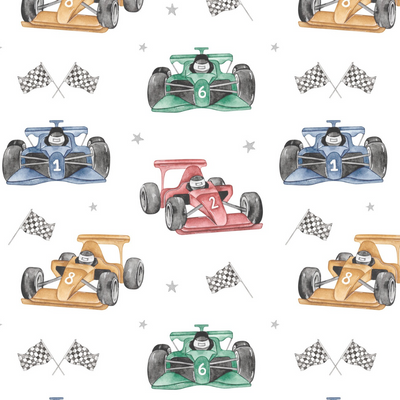 Fabric wall decals showcasing vibrant race cars, flags and stars, perfect for adding a thrilling and dynamic vibe to a child's room or play area.