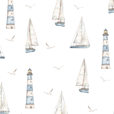 Fabric wall decals showcasing charming sailboats, lighthouses, and seagulls, ideal for creating a coastal and nautical theme in a child's room or play area.