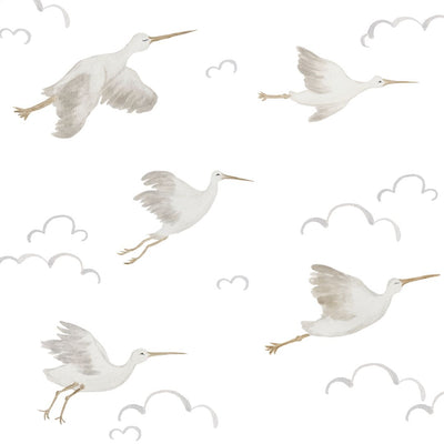 Fabric wall decals showcasing delicate storks and fluffy clouds, ideal for creating a soft and dreamy atmosphere in a nursery or baby's room. 