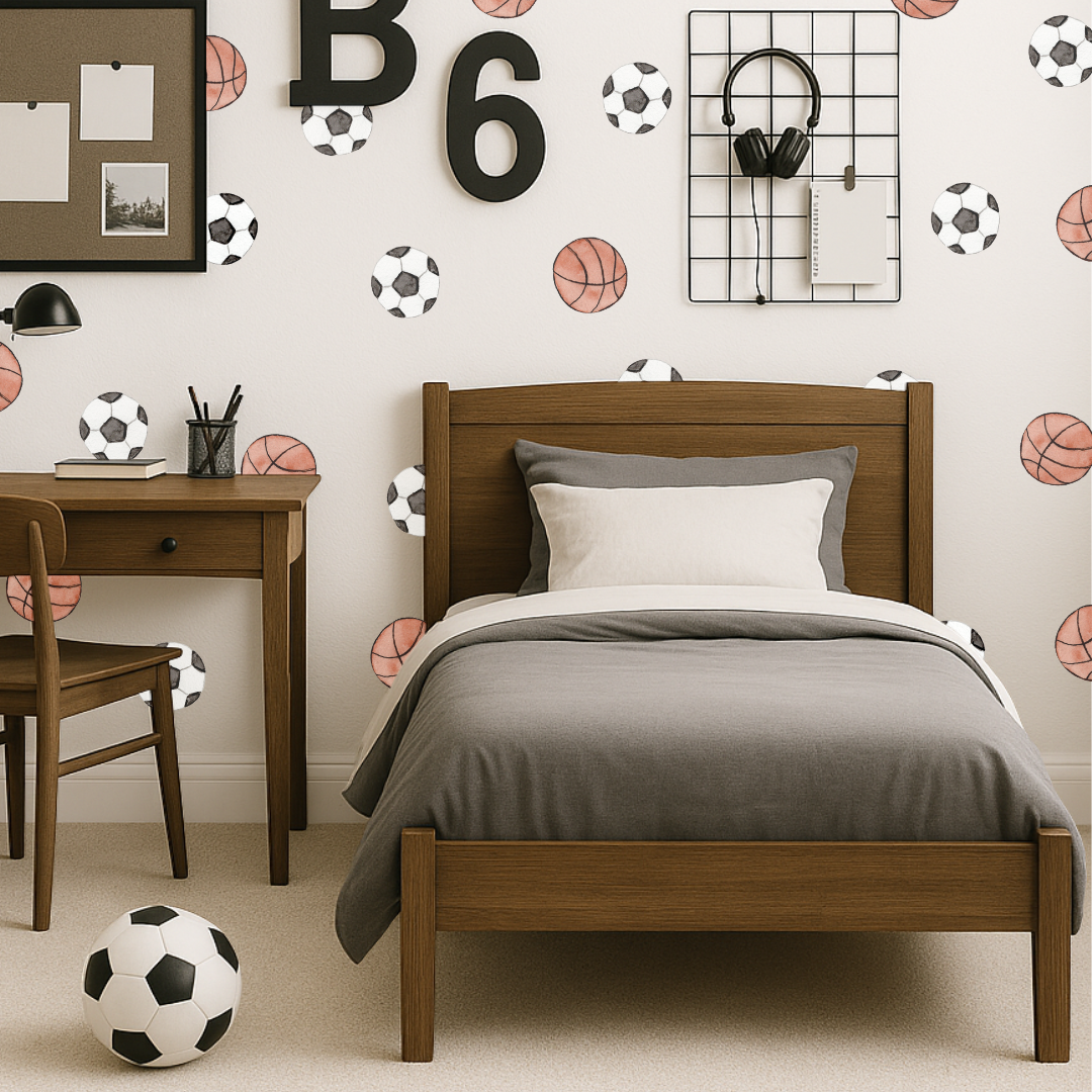 Children's bedroom with wooden bed, desk, and sports-themed wall decals