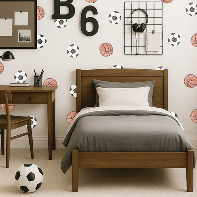 Children's bedroom with wooden bed, desk, and sports-themed wall decals