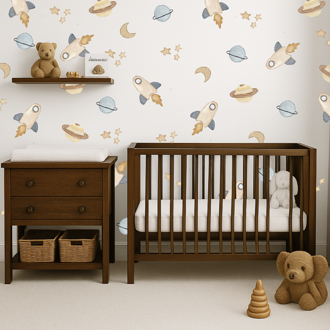 Nursery room with wooden crib, dresser, and toys against a space-themed wall decals