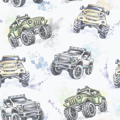 Bold monster truck fabric wall decals showcasing playful truck designs, perfect for adding excitement and adventure to a child's room.