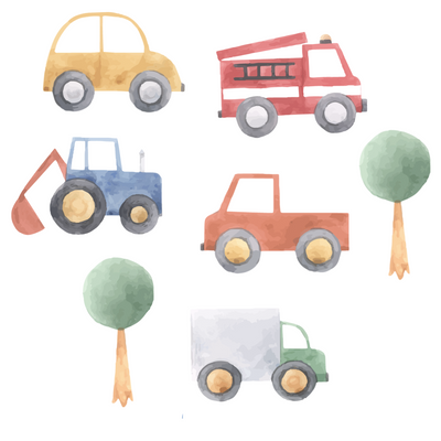 Colourful fabric wall decals featuring various designs of cars and trucks, perfect for decorating a child's room or play area. 