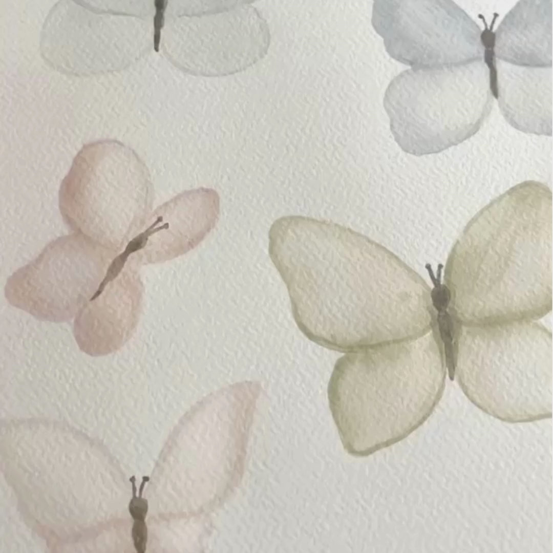 Video of delicate hand-painted watercolour wall decals of butterflies in various colours. 