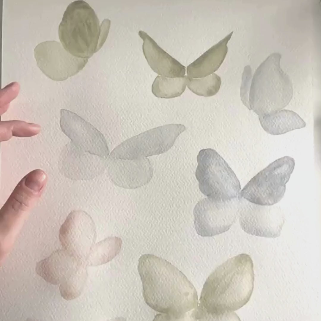 Video of delicate hand-painted watercolour wall decals of butterflies in various colours. 