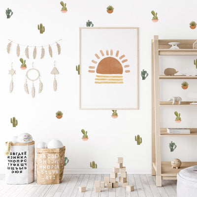 Bedroom with fabric wall decals featuring a variety of cacti and plants, showcasing vibrant colours that bring a touch of nature indoors. 