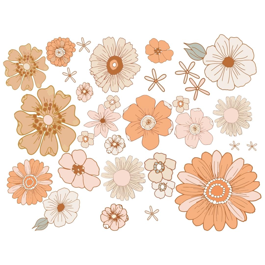 A collection of large boho-style flowers in various sizes, featuring shades of peach, beige, and orange, to create a vibrant and warm floral display.