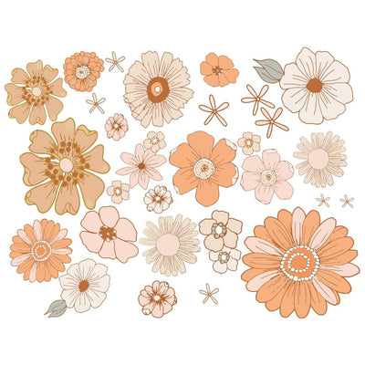 A collection of large boho-style flowers in various sizes, featuring shades of peach, beige, and orange, to create a vibrant and warm floral display.