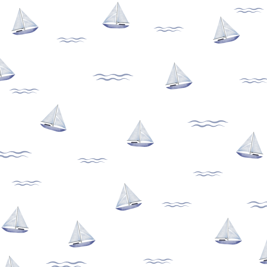 Charming blue sailboats surrounded by waves, depicted as fabric wall decals, perfect for adding a nautical theme to children's rooms or play areas.
