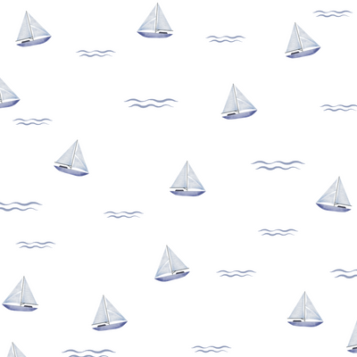 Charming blue sailboats surrounded by waves, depicted as fabric wall decals, perfect for adding a nautical theme to children's rooms or play areas.