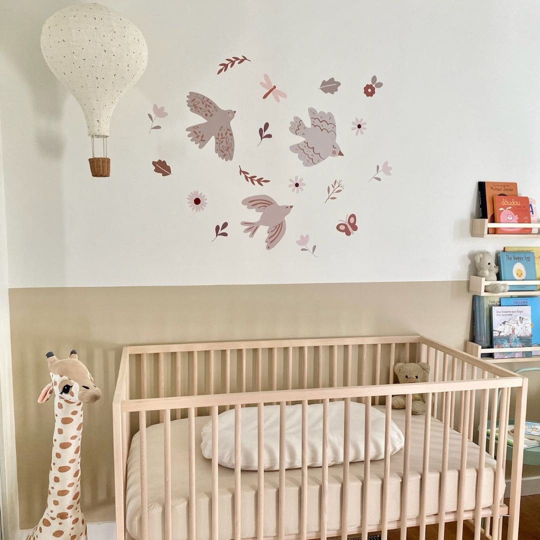 Boho bird fabric wall decals in a neutral color palette, in a nursery featuring soft tones that enhance the decor of any space while adding a touch of nature-inspired charm.