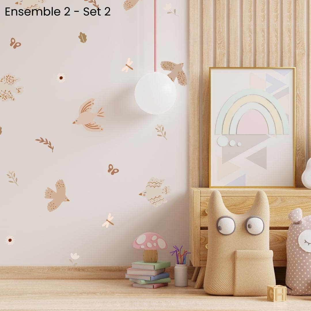 Boho bird fabric wall decals in a neutral colour palette, featured in a child room  featuring soft tones that enhance the decor of any space while adding a touch of nature-inspired charm.