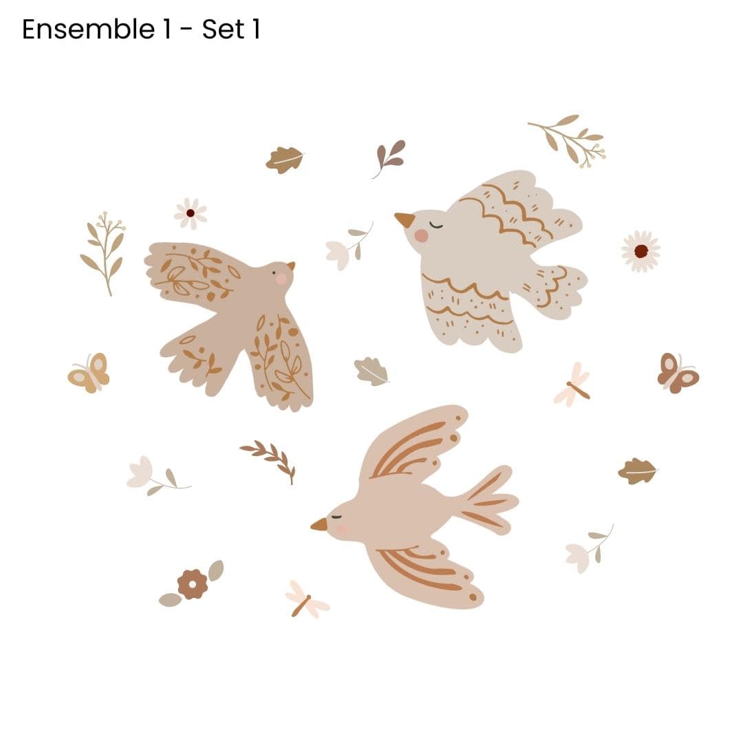 Boho bird fabric wall decals in a neutral color palette, featuring soft tones that enhance the decor of any space while adding a touch of nature-inspired charm.