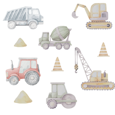 Fabric wall decals showcasing various construction trucks, including diggers, dump trucks, and cranes, ideal for decorating a child's room or play area with a construction theme
