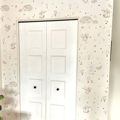 Picture of a closet door with light brown woodland wall decals