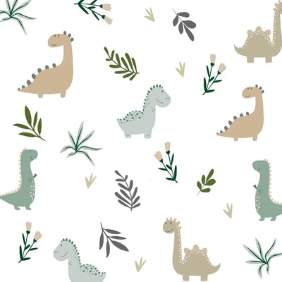 Colourful fabric wall decals featuring playful dinosaurs surrounded by lush leaves and vibrant flowers, designed with non-toxic materials, perfect for creating a fun and safe environment in a child's room or play area.