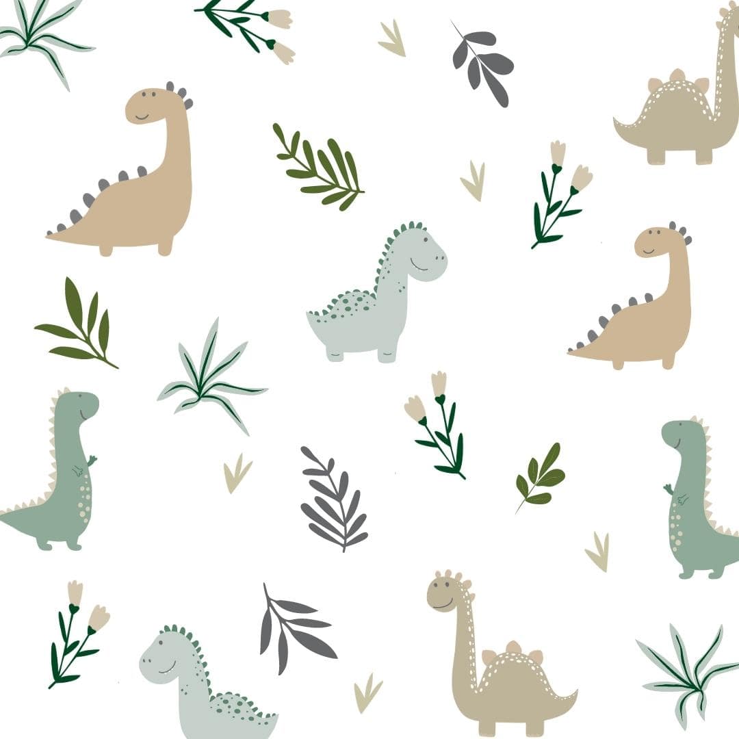 Picture of a white background with green, brown and beige dinosaur wall decals with foliage and flowers