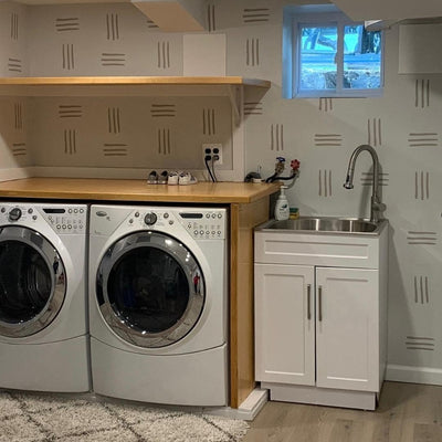 Picture of a laundry room with warm grey 3 line wall decals