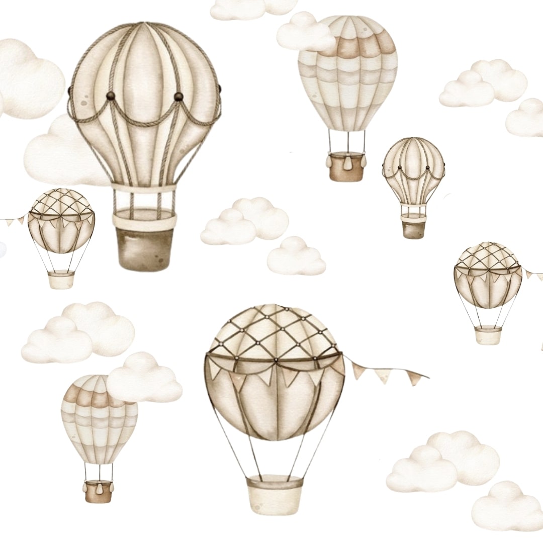 Picture of a white background with neutral colour hot air balloons and clouds wall decals