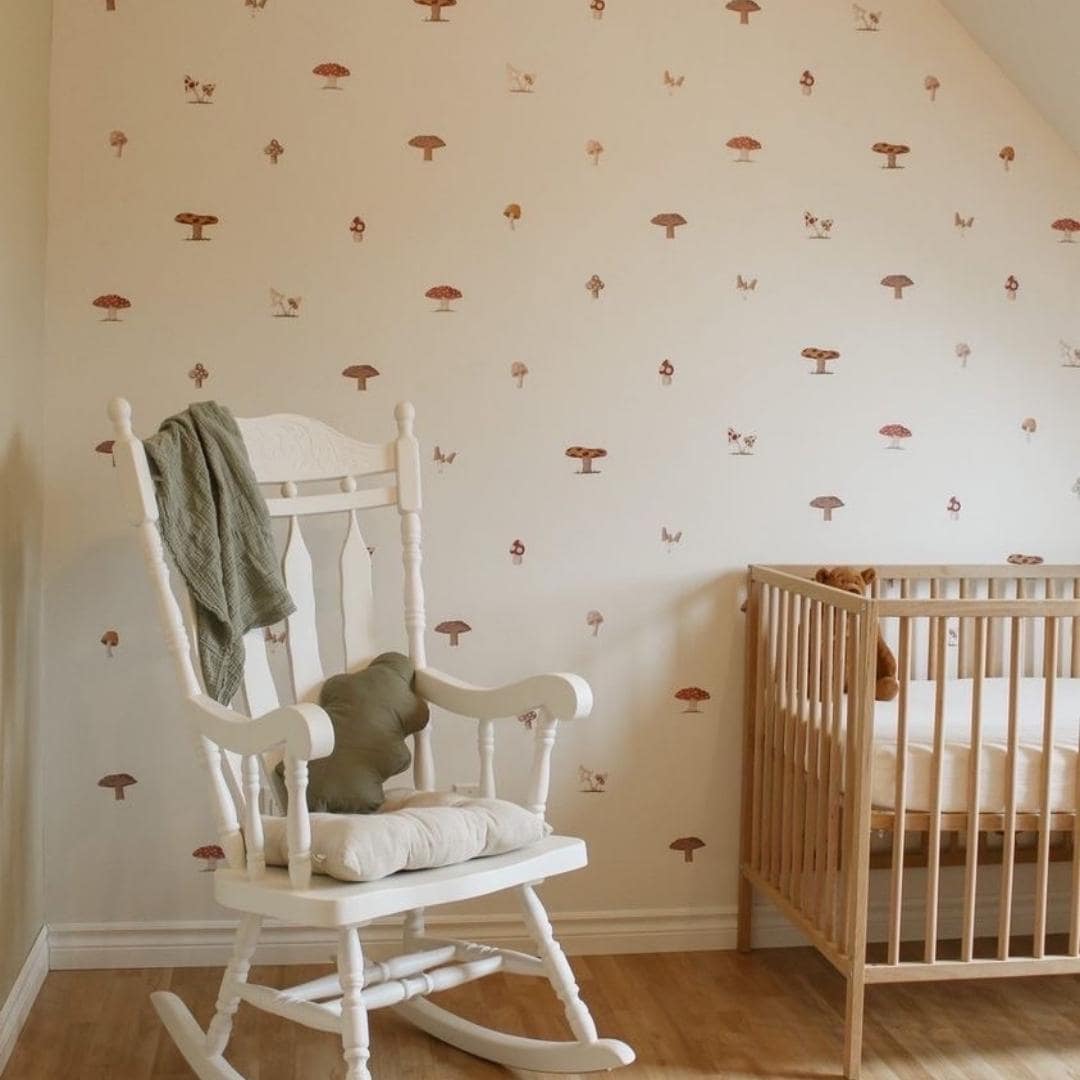 Picture of a nursery with watercolour mushrooms wall decals