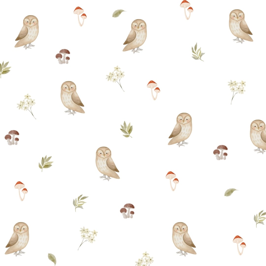 Fabric wall decals featuring whimsical owls, colourful flowers, mushrooms, and leaves, creating a playful and enchanting atmosphere for any room.