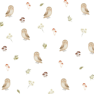 Fabric wall decals featuring whimsical owls, colourful flowers, mushrooms, and leaves, creating a playful and enchanting atmosphere for any room.