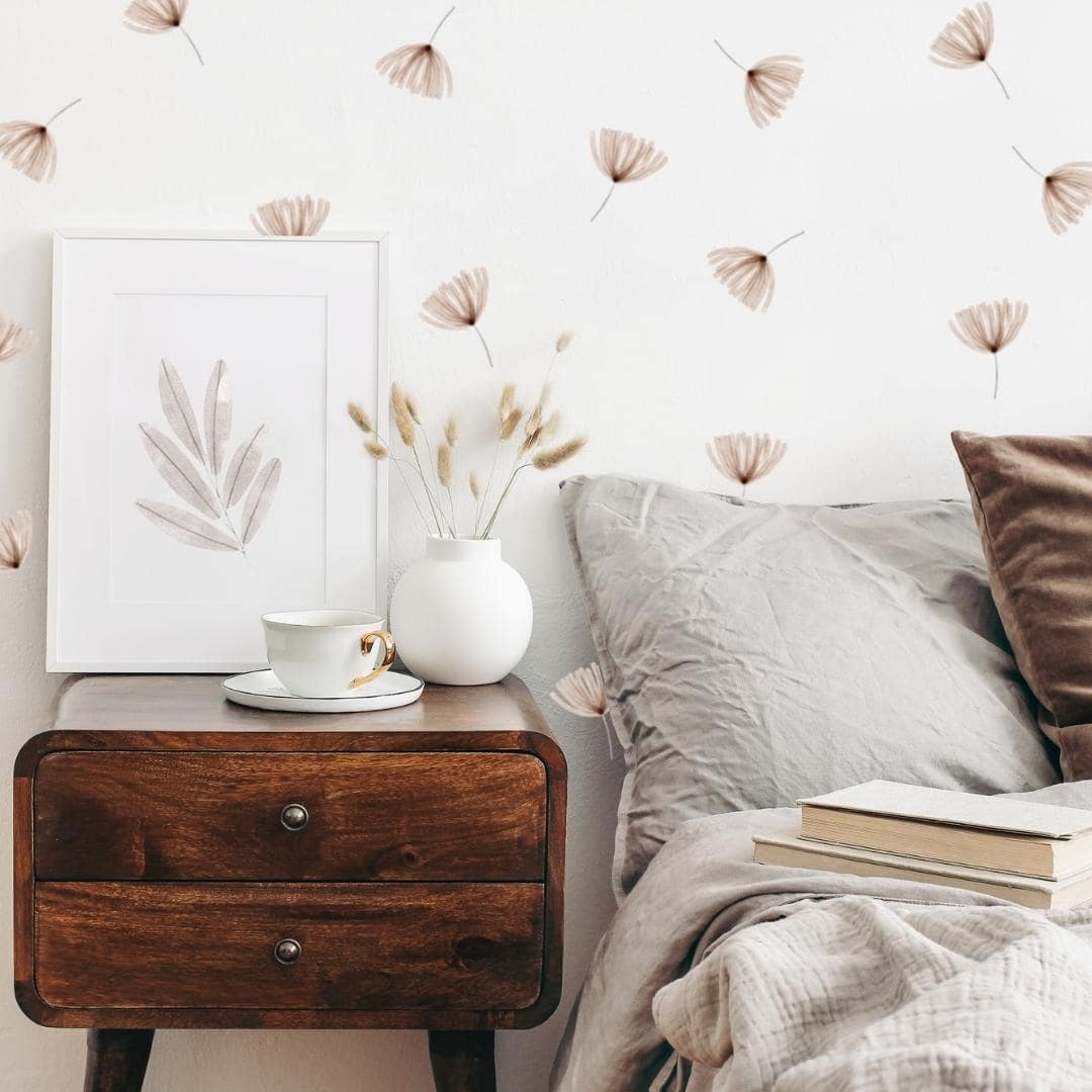 Fabric wall decals featuring elegant watercolour pampas grass in a bedroom, adding a soft and stylish touch. 