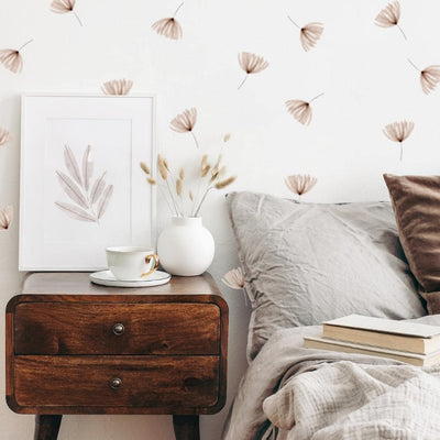 Fabric wall decals featuring elegant watercolour pampas grass in a bedroom, adding a soft and stylish touch. 