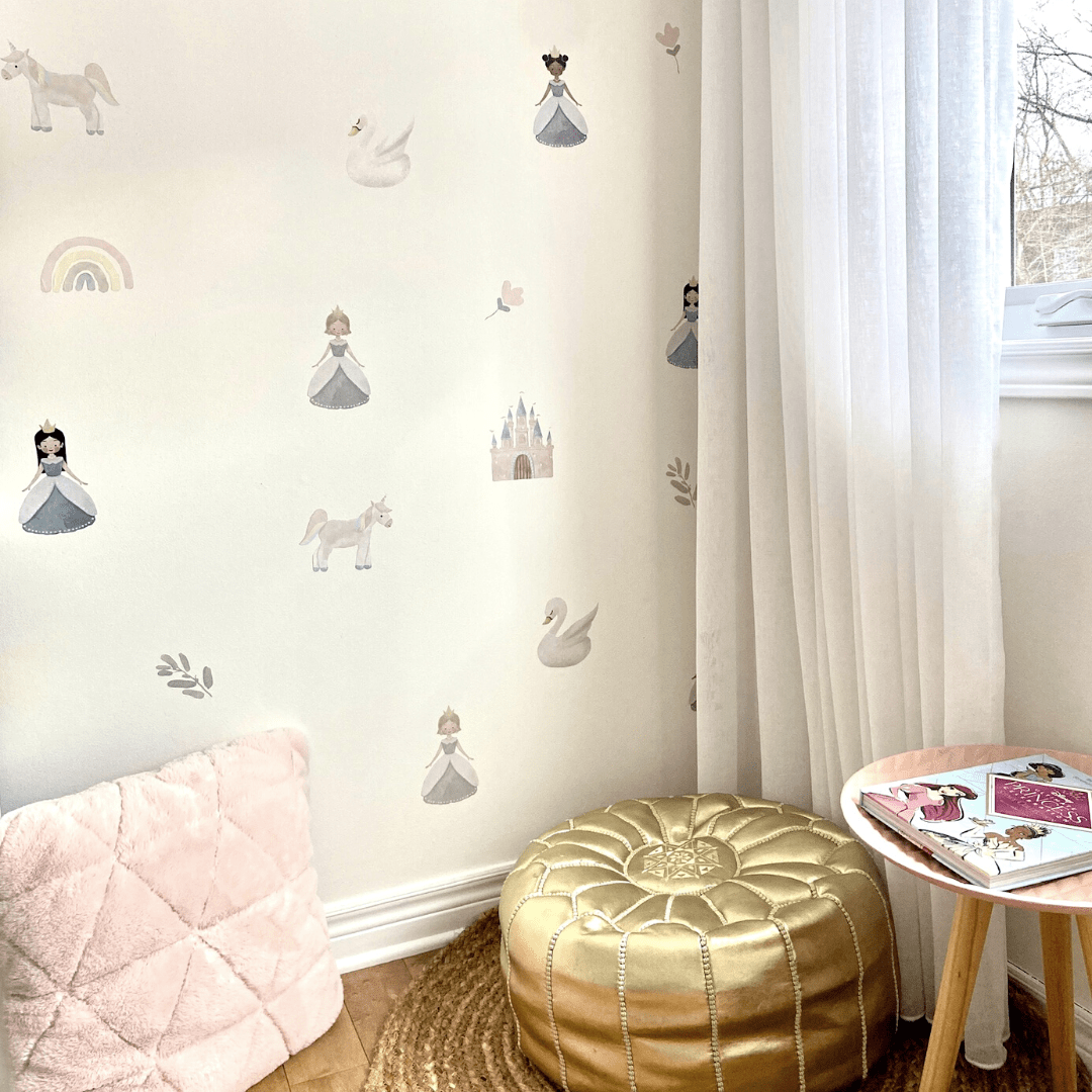 Fabric wall decals featuring enchanting princess designs in a little girls room, ideal for adding a magical and royal touch. 