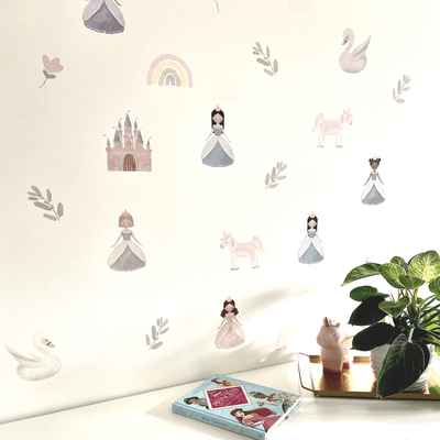Fabric wall decals featuring enchanting princess designs in a little girls room, ideal for adding a magical and royal touch. 