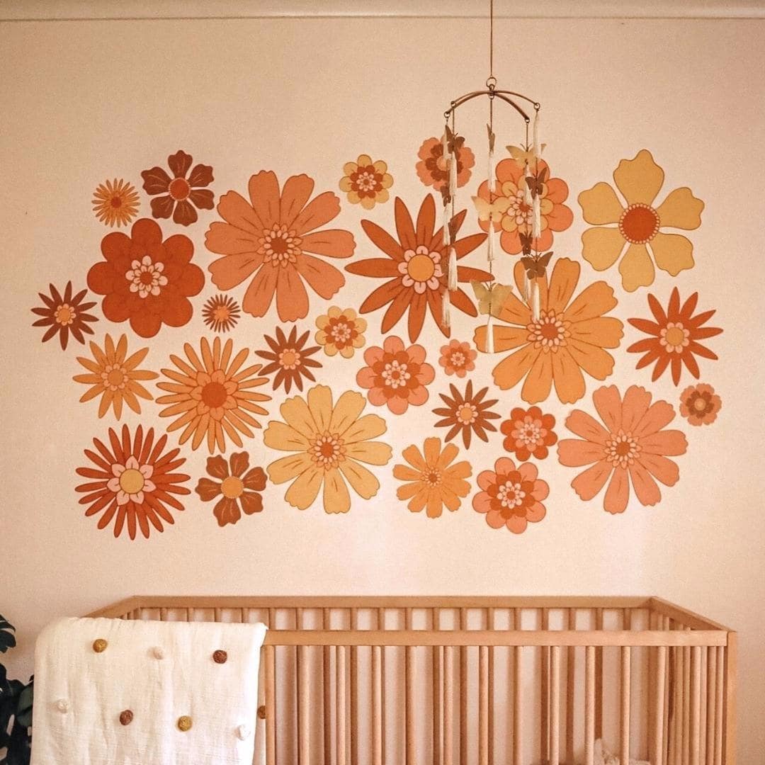 Picture of a nursery with large retro flower wall decals