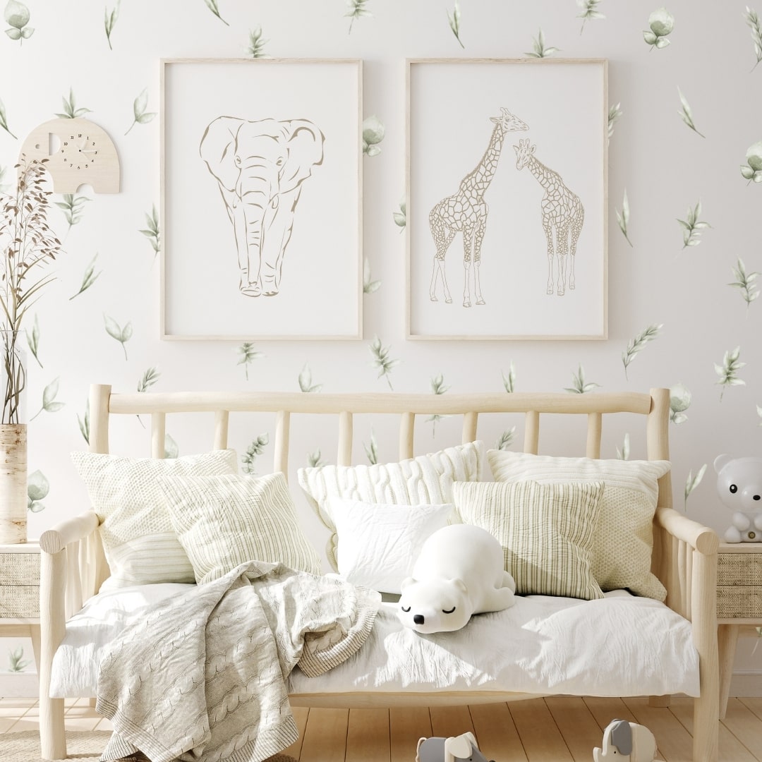 Picture of a bedroom with watercolour sage leave wall decals