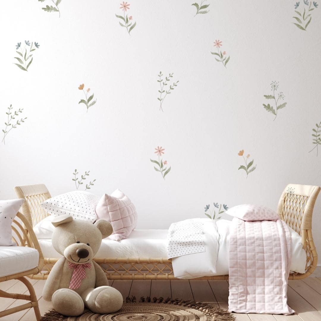 Picture of a bedroom  with soft watercolour flowers wall decals