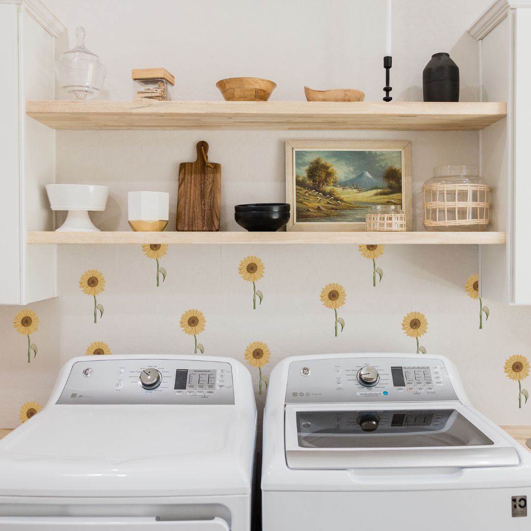 Picture of a laundry room with sunflower  wall decals